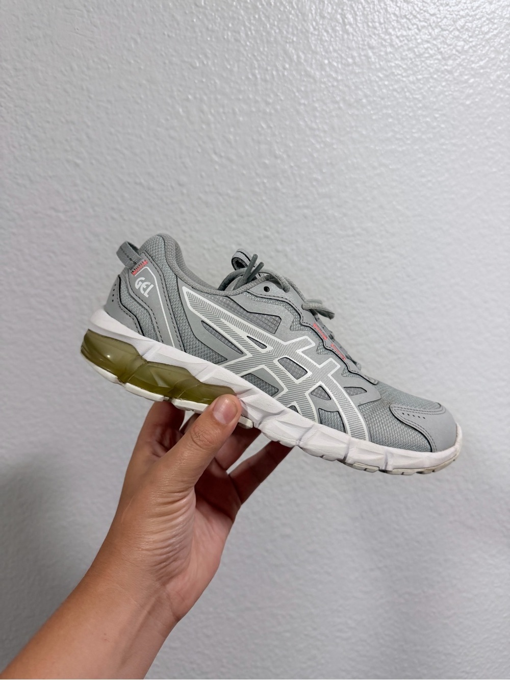 Asics Gray Mesh Running Shoe with Olive Gel Heel